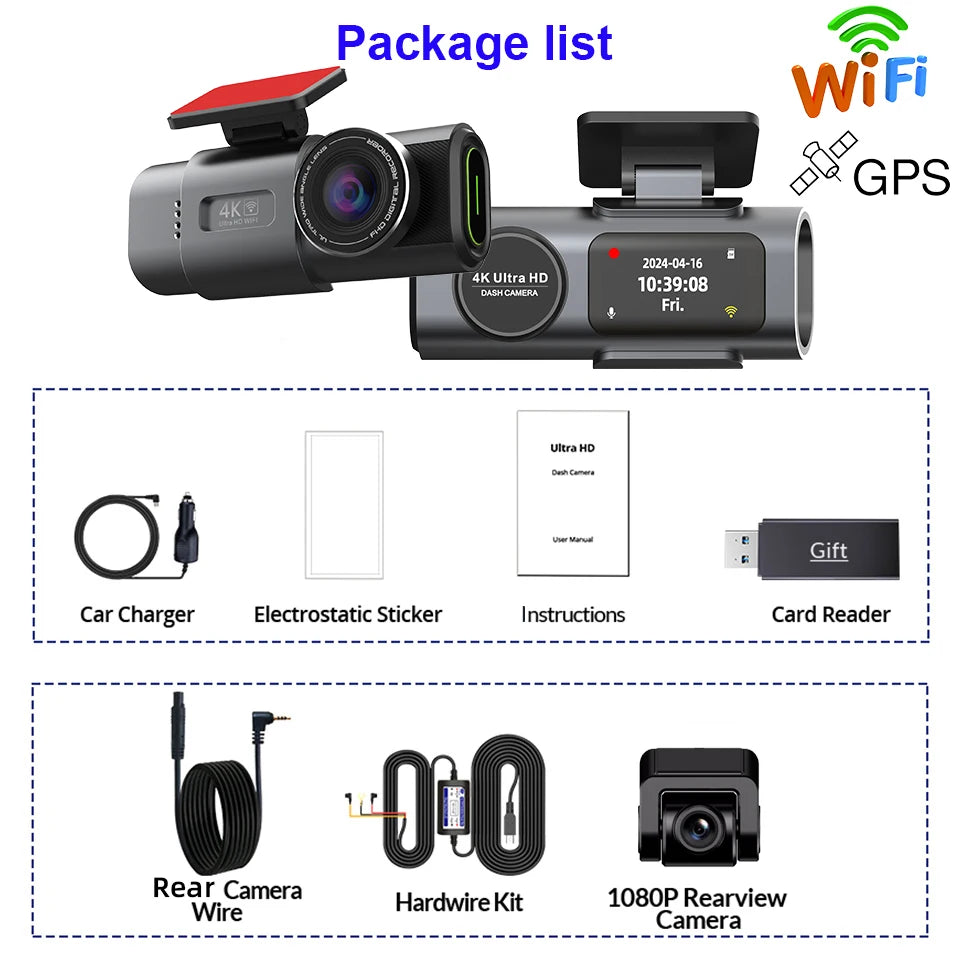 4K Dual Lens Dash Cam with GPS & Night Vision